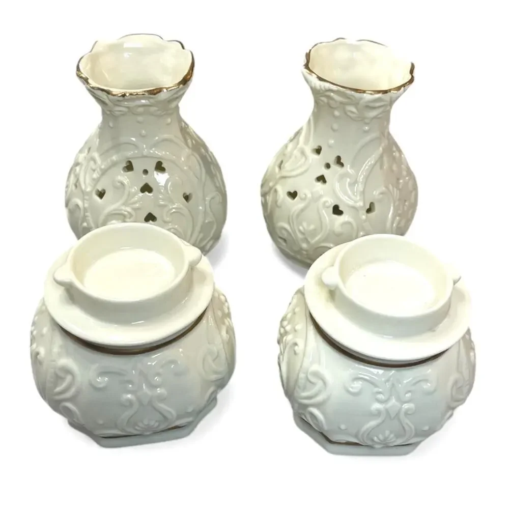 Set of 2 Vintage Pierced Porcelain Oil / Wax Warmers | Ivory Ceramic Diffusers